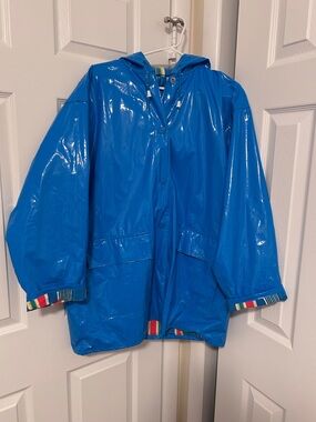 Vintage Neon Blue Vinyl Raincoat Slippery When Wet Unisex Medium with Hood